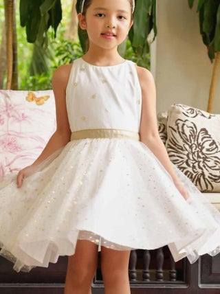 Robe Cérémonie Fille  Lin Blanc Or Tulle à Paillettes  HEPBURN - 'LA FAUTE A VOLTAIRE'