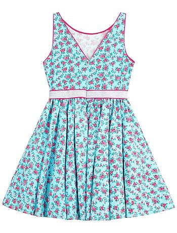 Robe Cérémonie Fleurie Bleu Turquoise Fuchsia HEPBURN - 'LA FAUTE A VOLTAIRE'