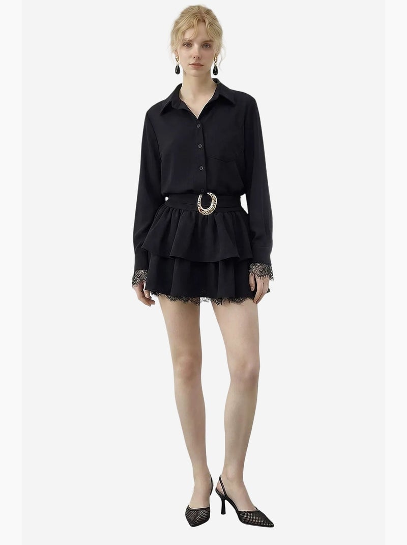 Robe-chemise à bordure en dentelle lucci Noir - Kiabi