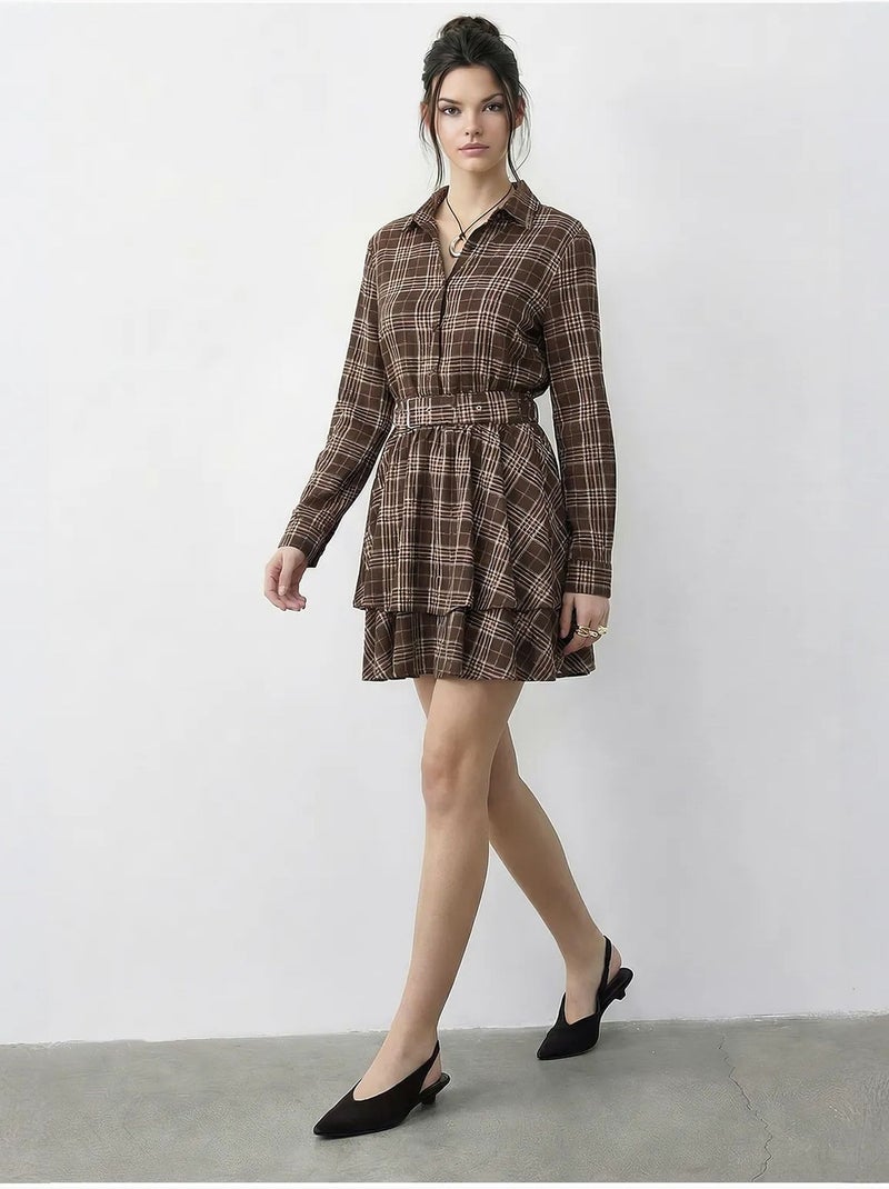 Robe-chemise à carreaux avec ceinture lucci Marron chocolat - Kiabi