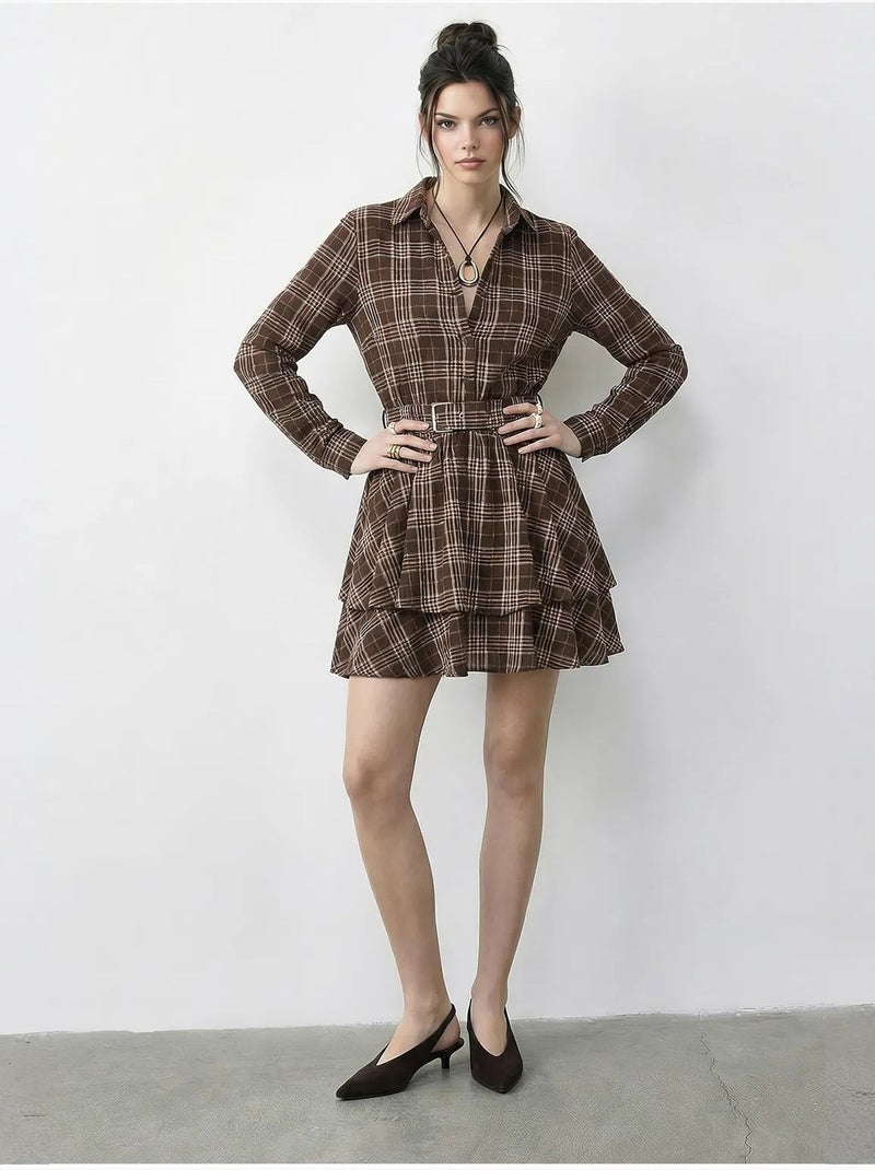 Robe-chemise à carreaux lucci avec ceinture Marron chocolat - Kiabi