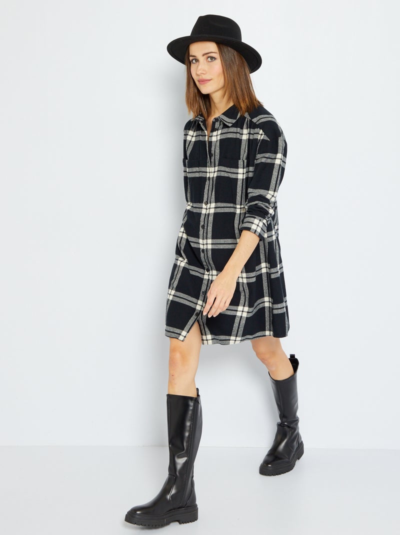 Robe chemise à carreaux Noir - Kiabi