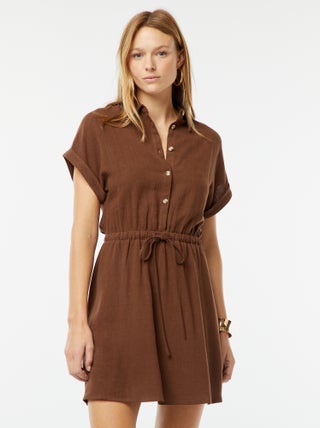 Robe chemise à manches courtes en lin mélangé