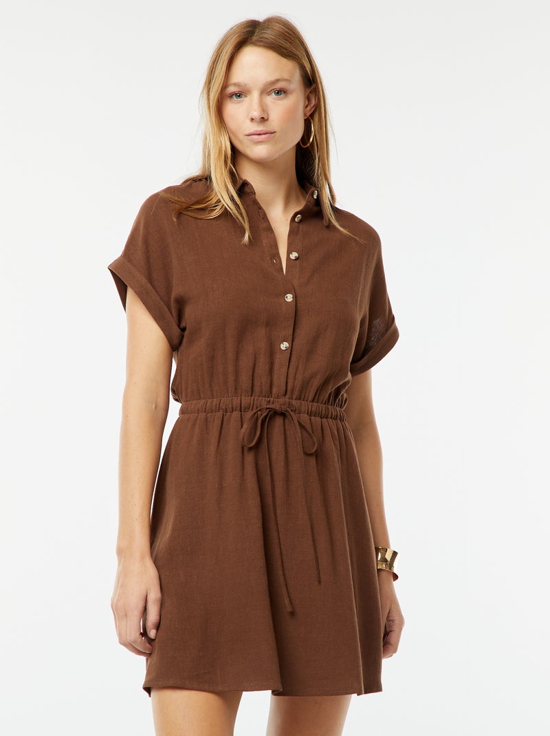 Robe chemise à manches courtes en lin mélangé Marron - Kiabi