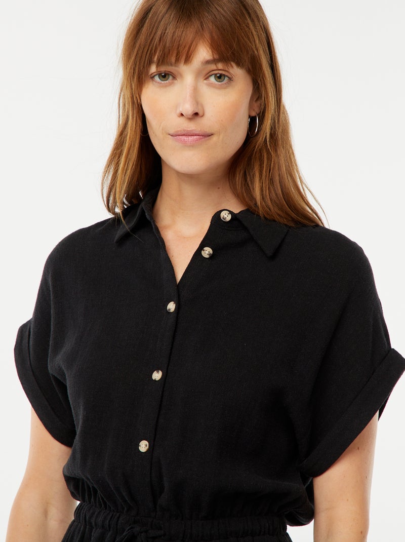 Robe chemise à manches courtes en lin mélangé Noir - Kiabi