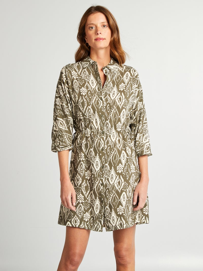 Robe chemise à motif manches longues Kaki/blanc - Kiabi