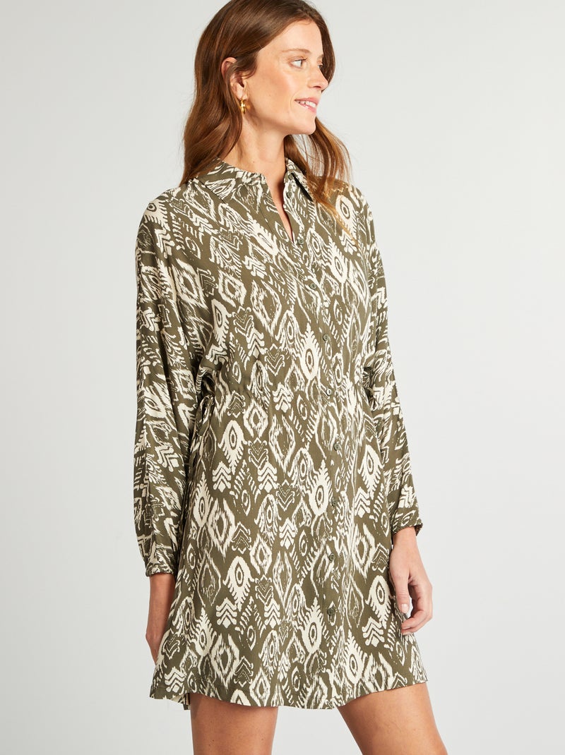 Robe chemise à motif manches longues Kaki/blanc - Kiabi