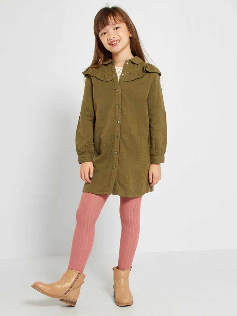 Robe chemise à volant en gaze de coton kaki - Kiabi