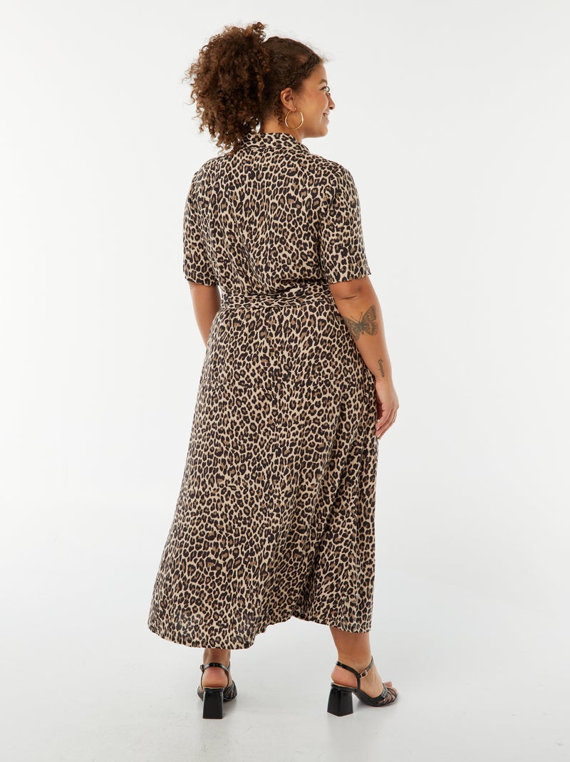Robe chemise coupe longue à motif et manches courtes Beige - Kiabi