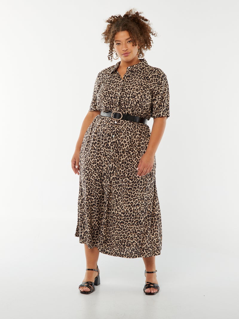 Robe chemise coupe longue à motif et manches courtes Beige - Kiabi