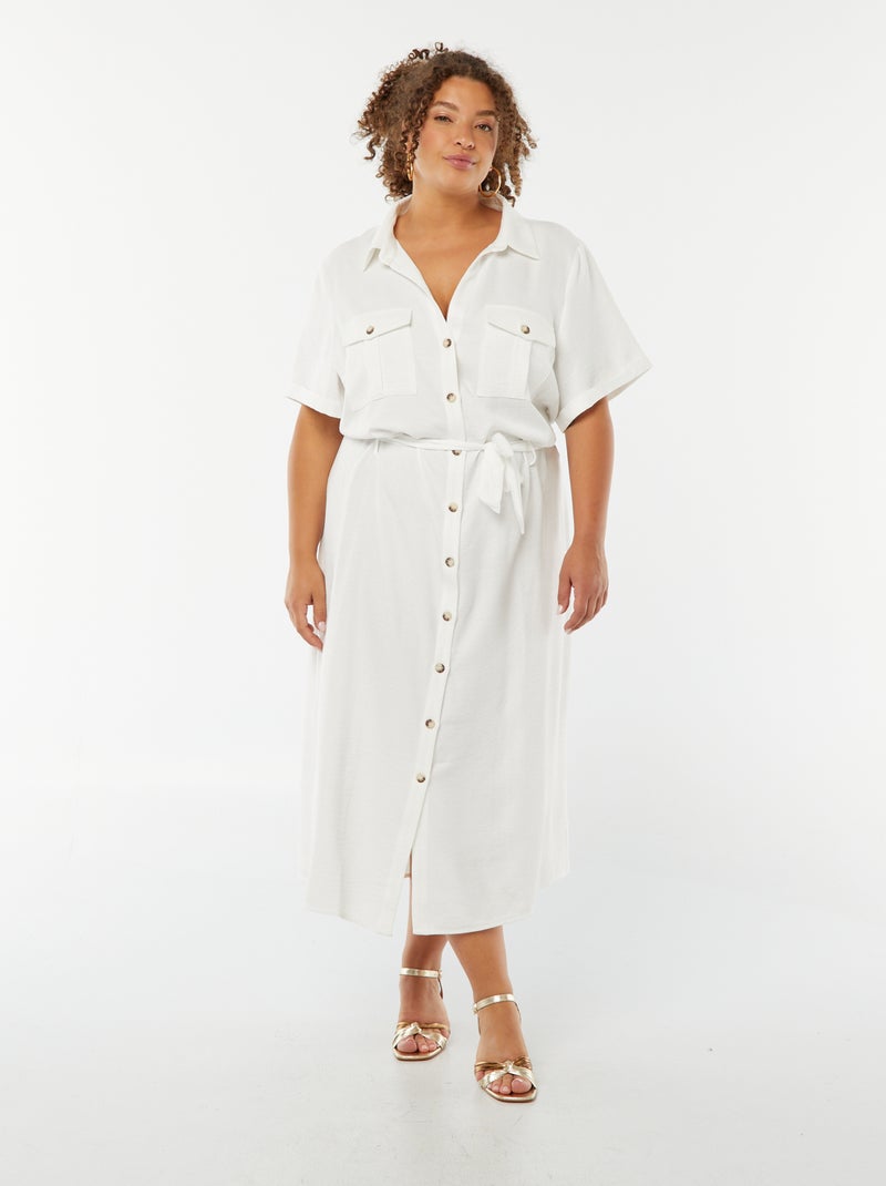 Robe chemise coupe midi manches courtes avec ceinture Blanc - Kiabi