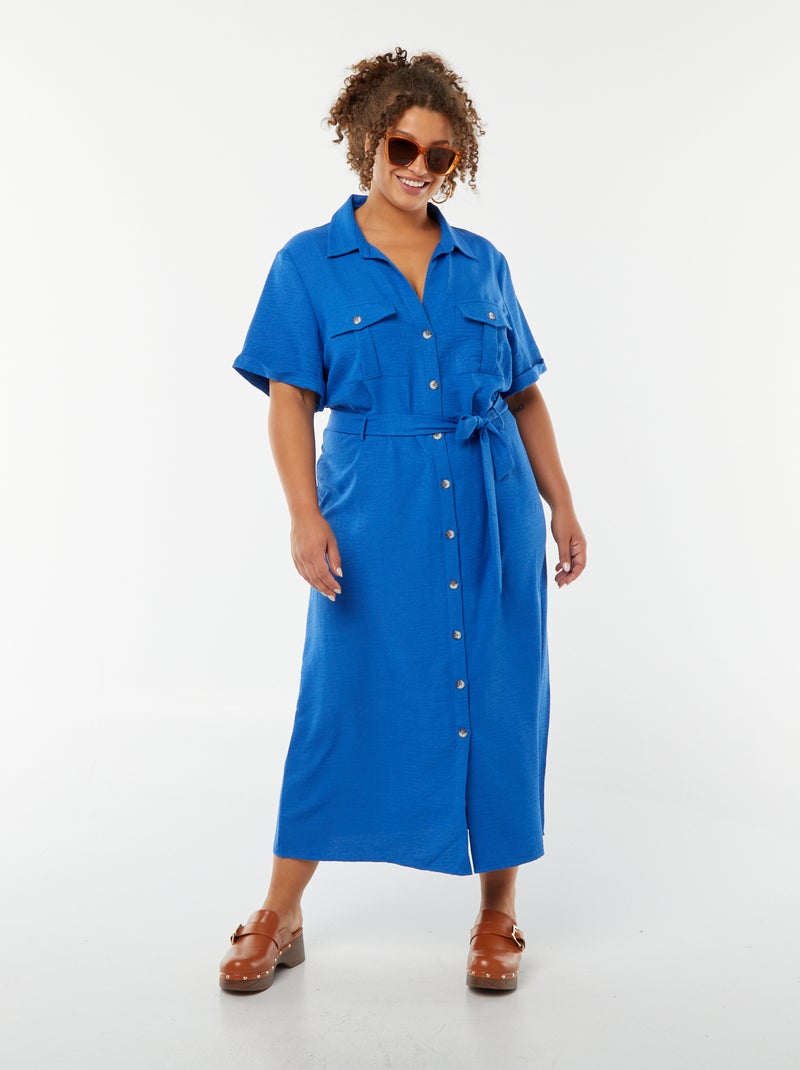Robe chemise coupe midi manches courtes avec ceinture Bleu - Kiabi