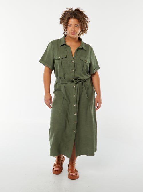 Robe chemise coupe midi manches courtes avec ceinture - Kiabi