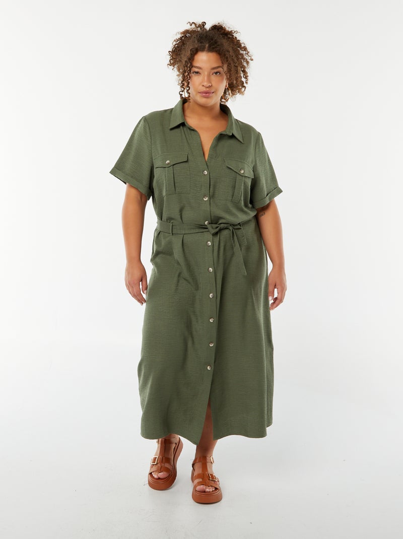 Robe chemise coupe midi manches courtes avec ceinture Kaki - Kiabi