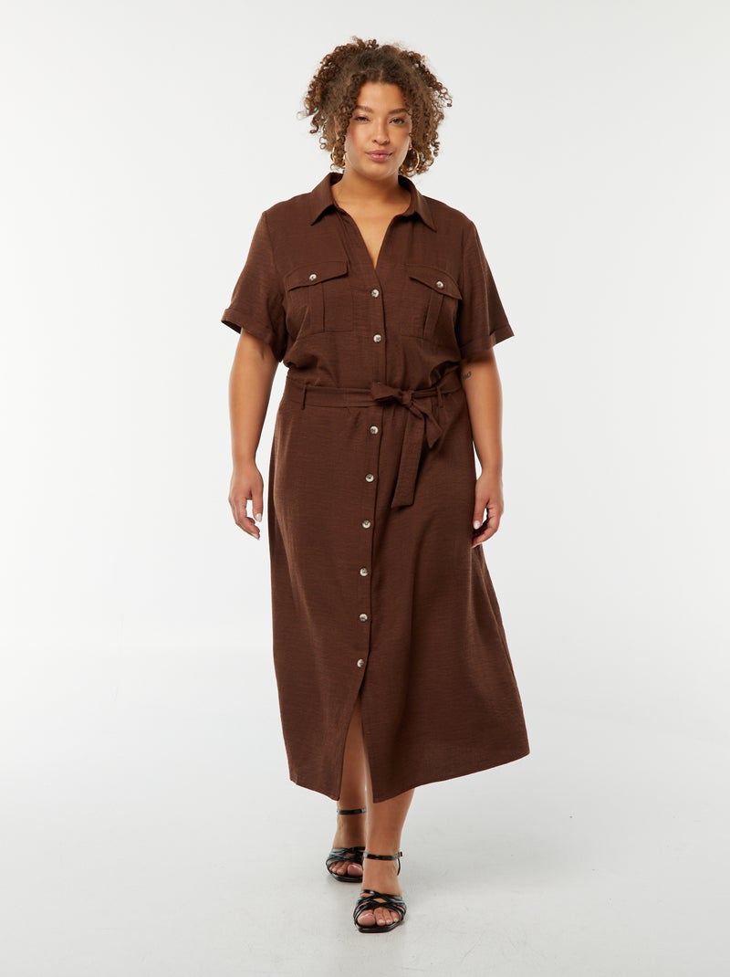 Robe chemise coupe midi manches courtes avec ceinture Marron - Kiabi