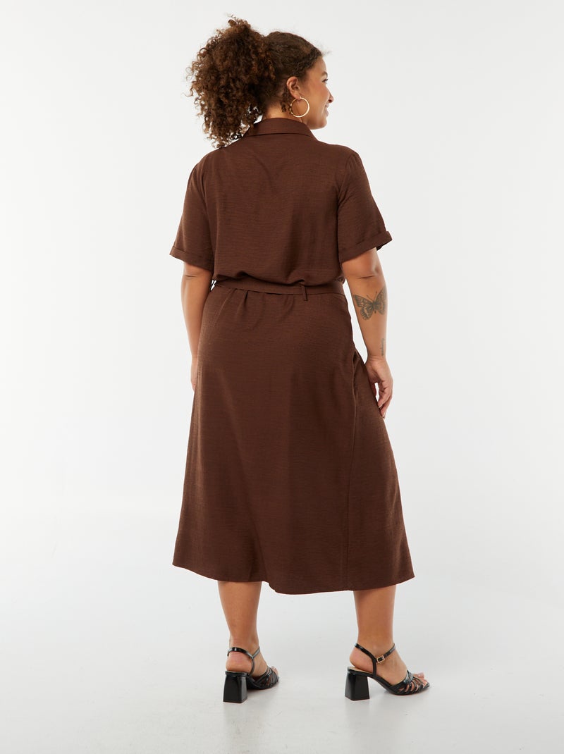 Robe chemise coupe midi manches courtes avec ceinture Marron - Kiabi