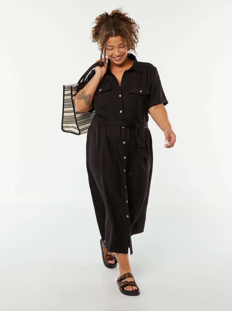 Robe chemise coupe midi manches courtes avec ceinture noir - Kiabi