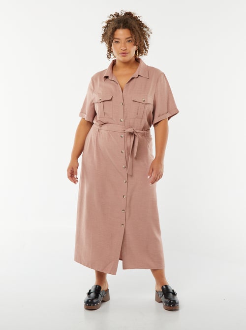 Robe chemise coupe midi manches courtes avec ceinture - Kiabi