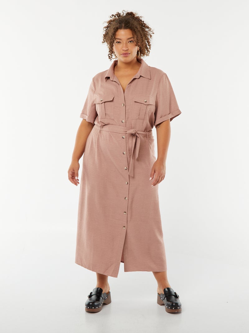 Robe chemise coupe midi manches courtes avec ceinture Rose - Kiabi