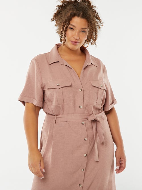 Robe chemise coupe midi manches courtes avec ceinture - Kiabi