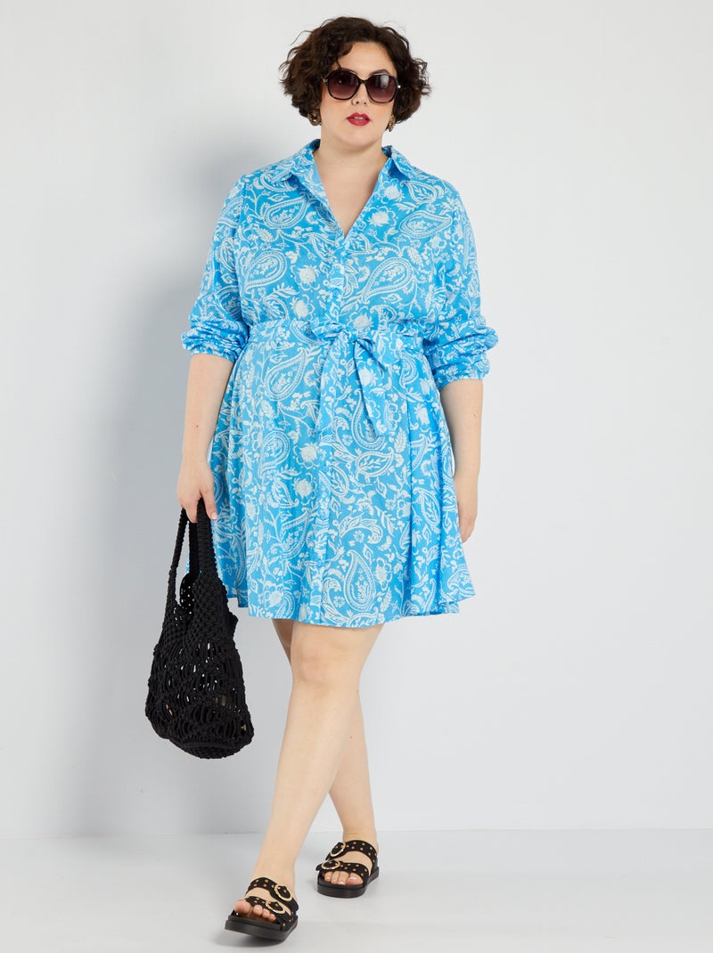 Robe chemise courte ceinturée Bleu - Kiabi
