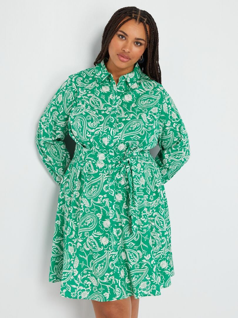 Robe chemise courte ceinturée Vert - Kiabi