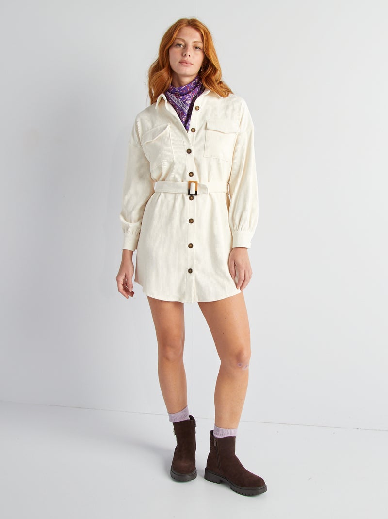 Robe chemise courte en velours à ceinturer Blanc - Kiabi