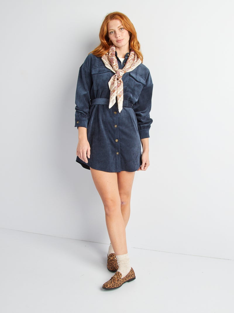 Robe chemise courte en velours à ceinturer Bleu - Kiabi