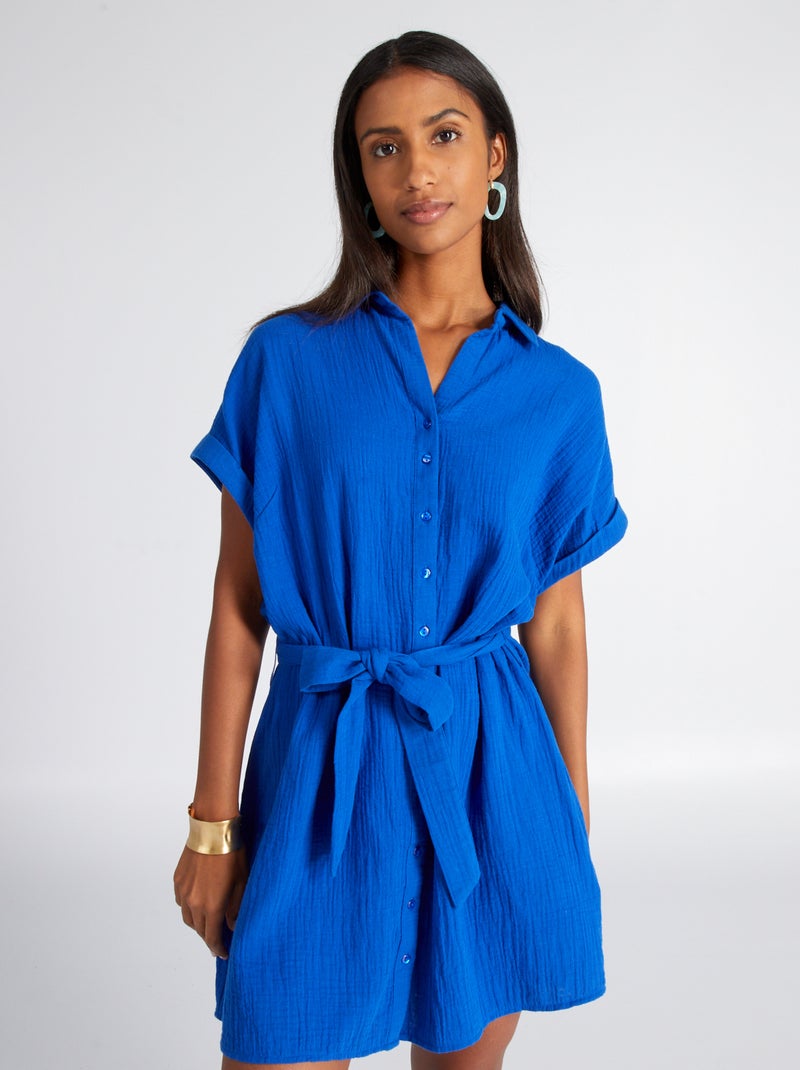 Robe chemise en double gaze de coton bleu - Kiabi