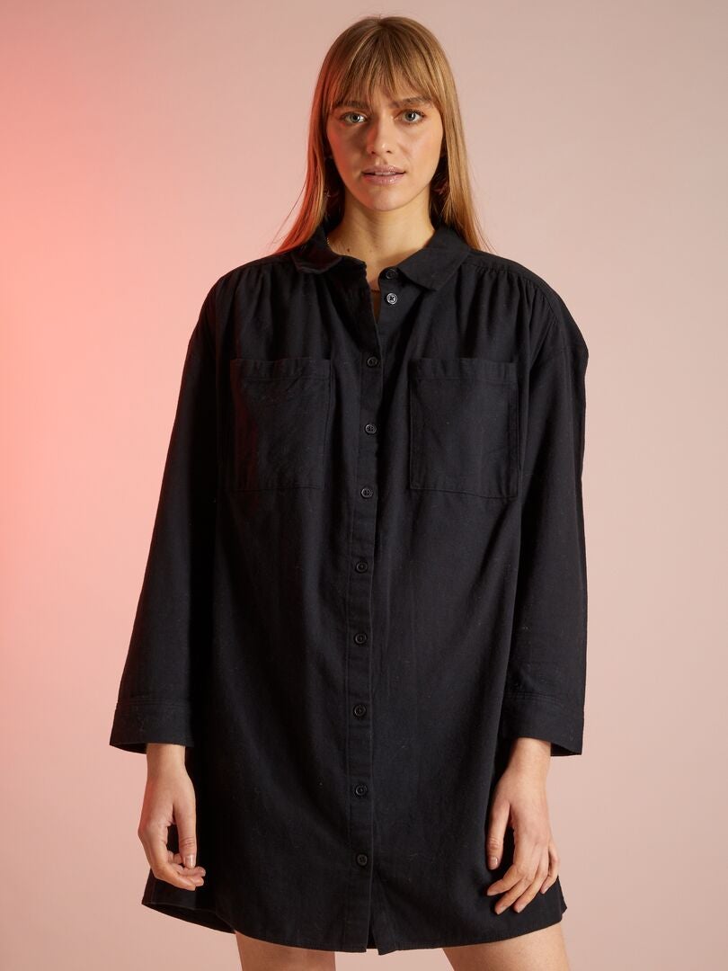 Robe chemise en flanelle unie Noir - Kiabi