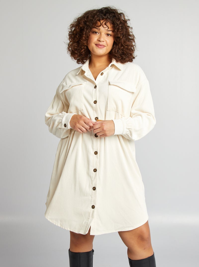 Robe chemise en velours avec ceinture Blanc - Kiabi