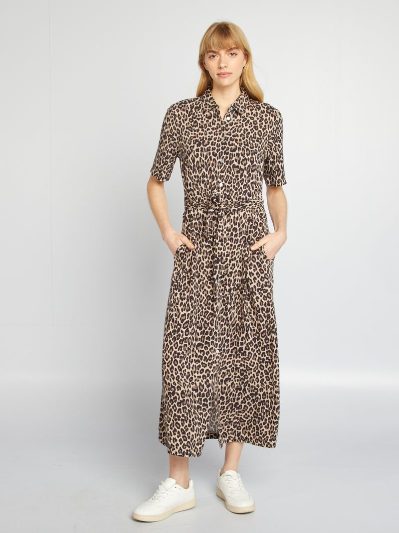 Robe chemise longue à motif Beige - Kiabi
