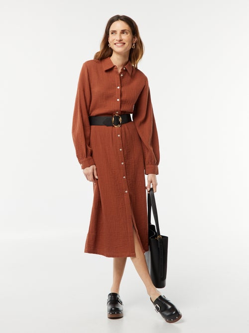 Robe chemise longue en double gaze de coton - Kiabi
