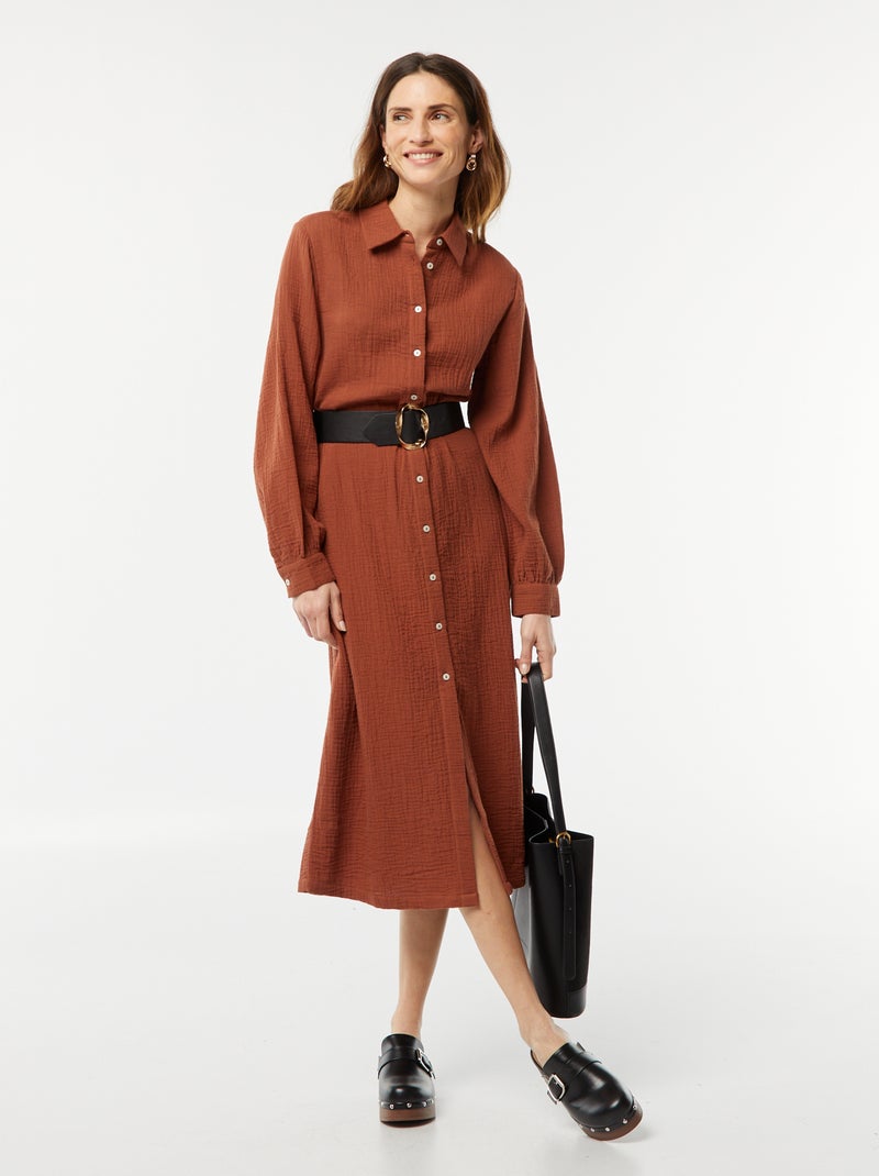 Robe chemise longue en double gaze de coton Marron - Kiabi