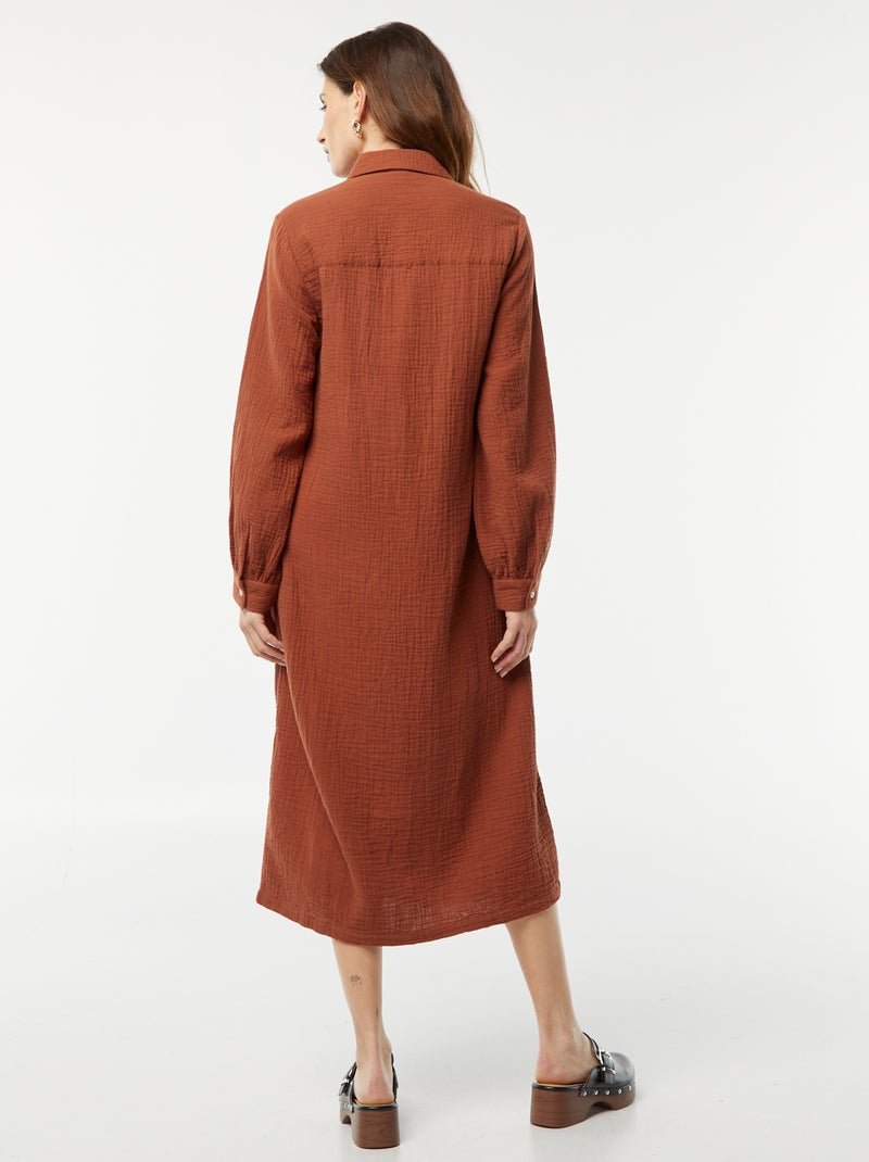 Robe chemise longue en double gaze de coton Marron - Kiabi