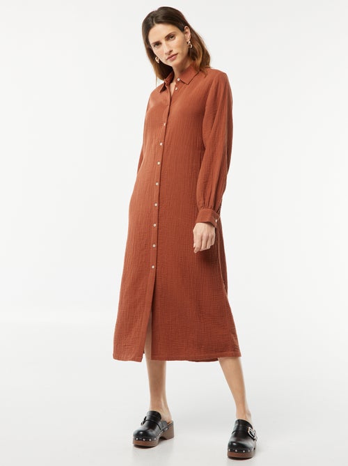 Robe chemise longue en double gaze de coton - Kiabi