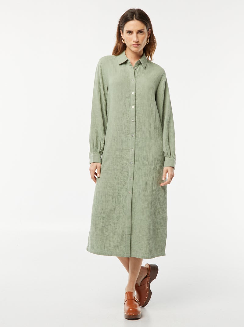 Robe chemise longue en double gaze de coton Vert - Kiabi