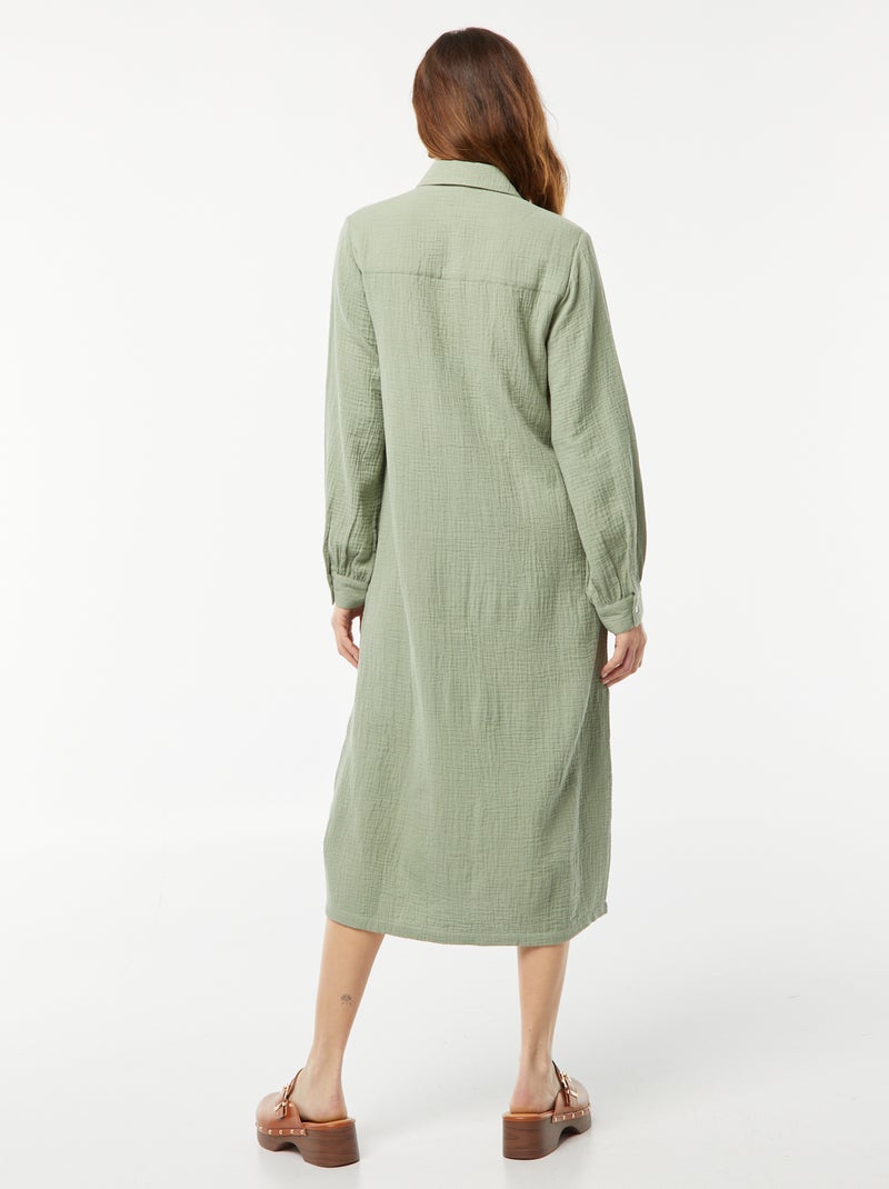 Robe chemise longue en double gaze de coton Vert - Kiabi