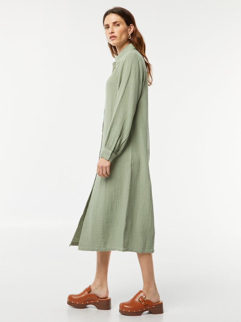 Robe chemise longue en double gaze de coton Vert - Kiabi