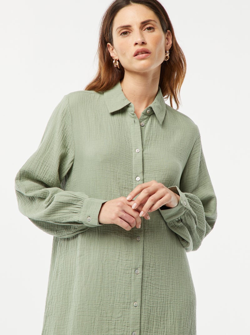 Robe chemise longue en double gaze de coton Vert - Kiabi