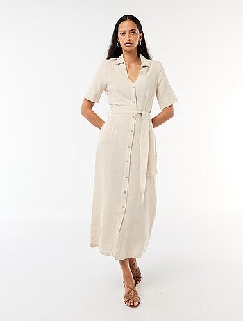Robe chemise longue manches courtes en coton et lin