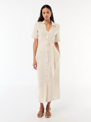 Robe chemise longue manches courtes en coton et lin
