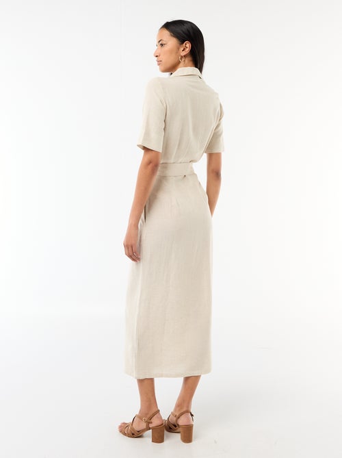 Robe chemise longue manches courtes en coton et lin - Kiabi