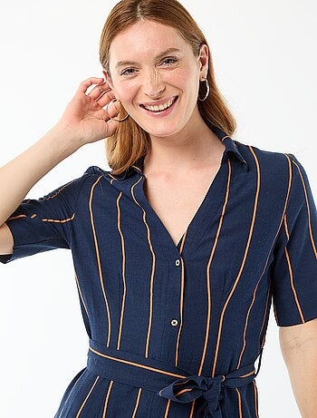 Robe chemise longue manches courtes en coton et lin