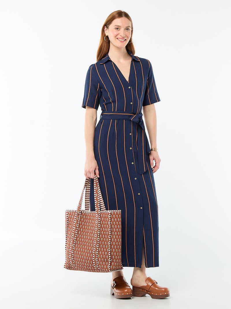 Robe chemise longue manches courtes en coton et lin Bleu - Kiabi