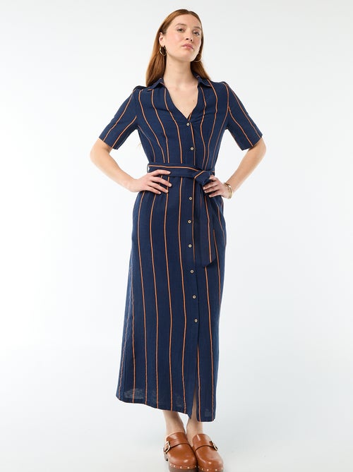 Robe chemise longue manches courtes en coton et lin - Kiabi
