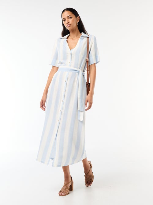Robe chemise longue manches courtes en coton et lin - Kiabi