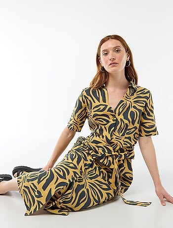 Robe chemise longue manches courtes en coton et lin