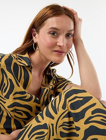 Robe chemise longue manches courtes en coton et lin