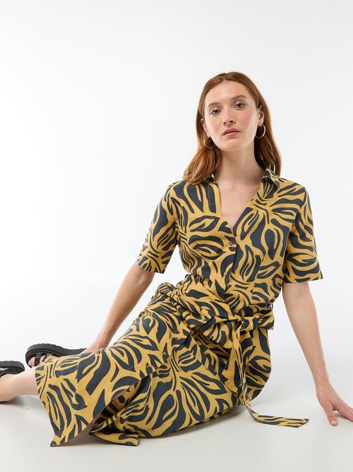 Robe chemise longue manches courtes en coton et lin - Kiabi